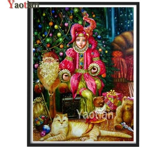 5D DIY Diamond Painting Cartoon Christmas Clown And Cat Full Square Round Diamond Painting Mosaic Cross Stitch Home Decoration