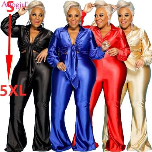 Adogirl Plus Size S-5 XL Glossy Two Piece Set Turn Down Collar Long Sleeve Tie Knot Top Long Flare Pants Office Outdoor Suit