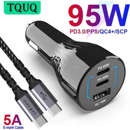 TQUQ 95W 3-port USB C Car Charger,Super Fast Charging PPS PD 65W/45W/30W/20W QC4+ 18W For Xiaomi Laptop iPhone12 Samsung galaxy