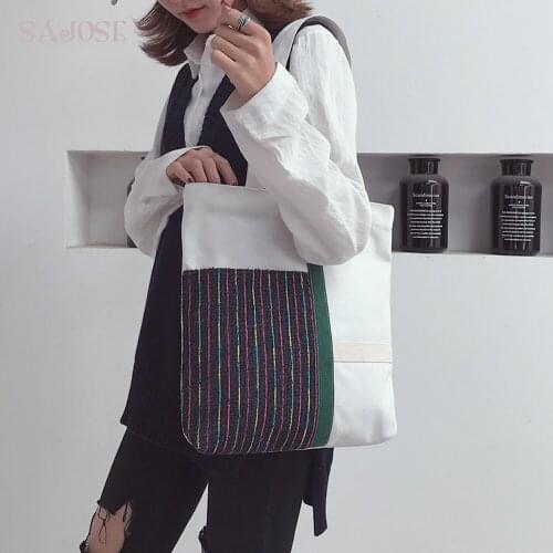 Free Shipping Soft Canvas Bag Large Capacity Women Shopping Bag Ladies Shoulder Handbags Casual Fashion Stitching Beach Bag Tote