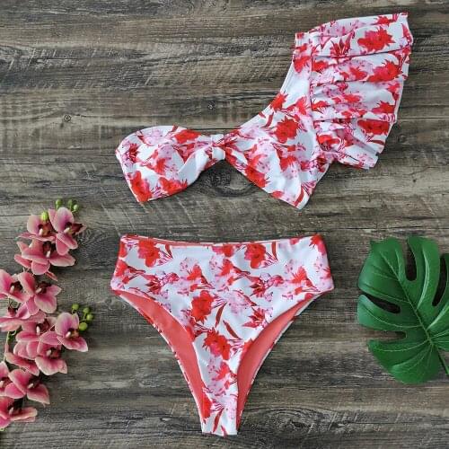 One-shoulder Lotus Leaf Edge Shredded Print Bikini Color Swimwear Bikini Bikini Bikini2021