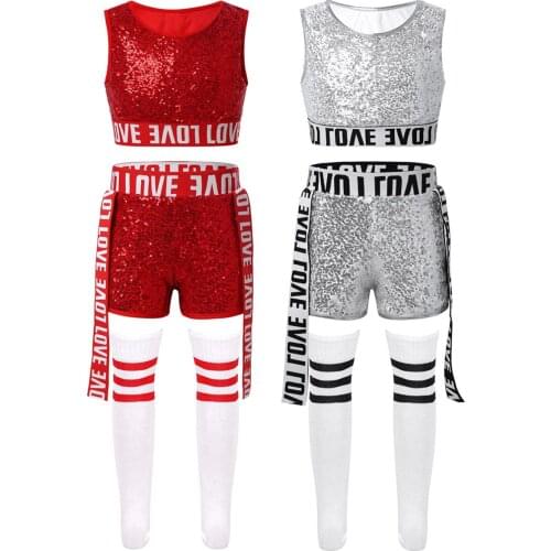 Children Jazz Dance Clothes Cheerleading Stage Performing Costumes Shiny Sequins Top With Shorts Striped Stocking Dance Wear Set