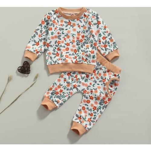 Spring Fall Baby Girls Two-piece Clothes Set Floral Printed Pattern Round Collar Pullover and Pants Warm Baby Clothing Sets
