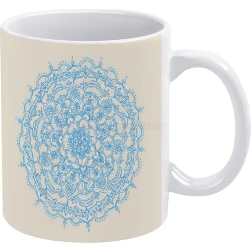 Pale Blue Pencil Pattern-hand Drawn Lace Mandala White Mug Custom Printed Funny Tea Cup Gift Personalised Coffee Mug Blue Cream