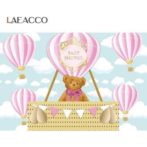 Laeacco Pink Air Balloon Basket Baptism Baby Shower Cartoon Customized Poster Portrait Photo Background Photo Backdrop Photocall