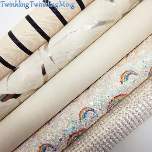 Beige Rainbow Glitter Fabric, Stripes Synthetic Leather, Metallic Faux Fabric Sheets For Bow A4 21x29CM Twinkling Ming XM020F