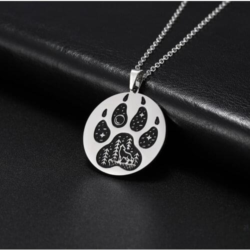 Teamer Cute Animal Wolf Paw Necklace Moon Star Tree Dog Cat Round Stainless Steel Pendant Women Fashion Jewelry Camping Gift