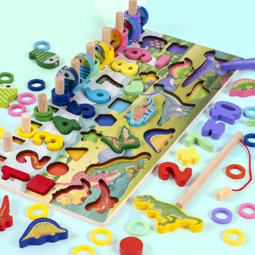 Montessori Wooden Math Toys Childrens Dinosaur Magnetic Fishing Building Blocks Busy Board Preschool Boys Girls Educational Toy