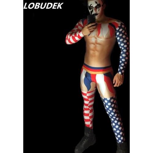 Muscle Male Personality Pattern 3D Printed Skinny Jumpsuit Elastic Leotard Halloween Bar Party Show Pole Dance Acrobatic Costume