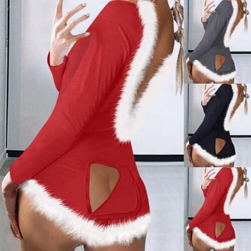 Womens New Plush Sexy Backless Long-Sleeved O-Neck Slim-Fit Pajamas Jumpsuit Top Playsuit Sleepwear Casual Party Bodysuit