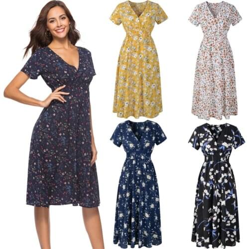 New Summer WomenS Dress 2021 Casual Elastic Waist Boho Floral Dress Women Beach Print Vintage Chiffon Midi Dress Robes Vestidos
