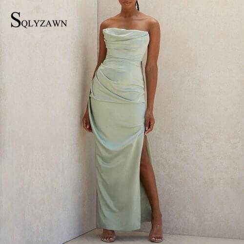 Elegant Stain Women Long Dress Vintage Silk High Split Slim Female Sleeveless Party Evening Vestidos Casual Ladies Maxi Dress