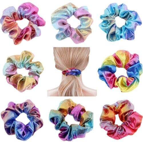Metallic Laser Scrunchies for Women Girls Gradient Color Elastic Hair Rubber Bands Ponytail Holder Ladies Hair Ties Accessories