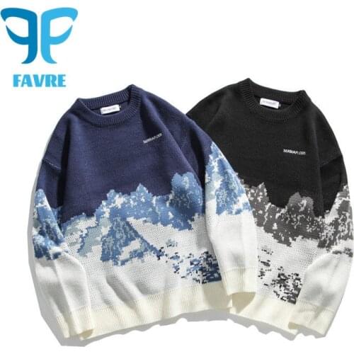 FAVRE Couple Sweaters Pullovers Men Womens Autumn Winter Snow Mountain Jacquard Knitted O-Neck Sweater Japanese Harajuku Jumper