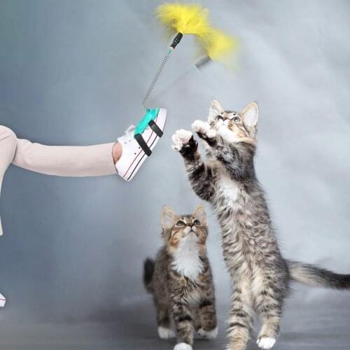 Spring Cat Toy Elastic for Pet Scratch Funny Feather Stick Pole Cats Like Birds Chasing Accessories Decoration Blue Pink Yellow