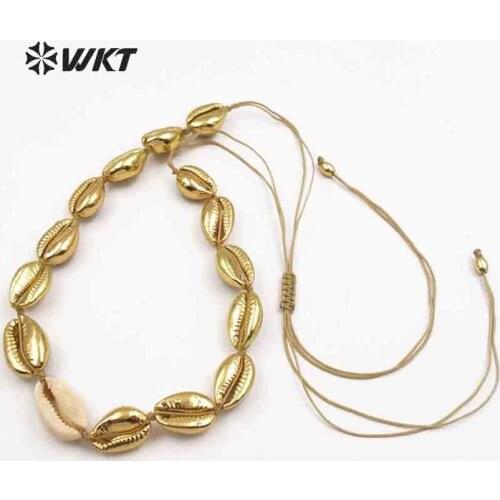 WT-JN039 WKT Wholesale natural sea cowrie shells choker handmade women necklace with full gold metal plated adjustable chain