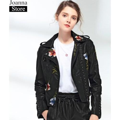 Autumn Winter Women Flower Embroidered Faux Leather Short Locomotive Rivet Jacket Casual Lapel PU Motorcycle Black Punk Jackets