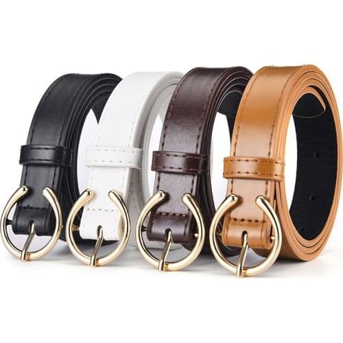 Womens Leather Belt, Classic Skinny Belt with C Shape Alloy Buckle for Dress Jeans Pants