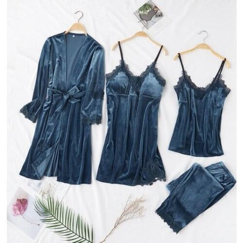 Women Pajamas Set Gold Velvet Warm Sleepwear Sexy Lace Pajamas Winter Home Clothes Female Long-sleeved Nightwear Sleep Clothing