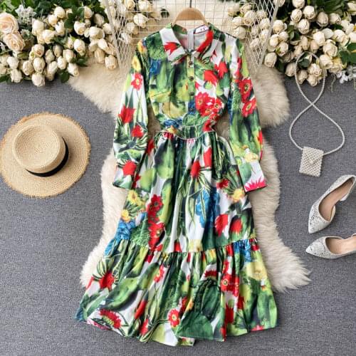 2021 Spring New Green Print stitching Handmade Diamond Buckle Big hem High waist Mid-calf Dress