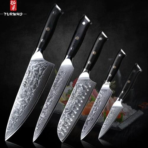 TURWHO 5PCS Kitchen Knives Set Pro Damascus Stainless Steel Knife Sharp Chef Santoku Slicing Utility Paring Knife Set G10 Handle