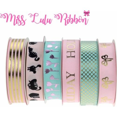 7/8"22mm Cute Cat Printed Grosgrain Ribbon Gold Stripes Pink Foil Flowers Hair Band Making Party Decor 50yards/roll