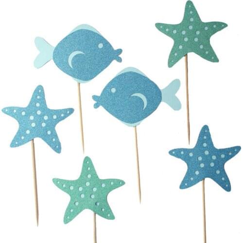 Glitter starfish and fish Cupcake Toppers - under the sea wedding beach party toothpicks birthday food pick