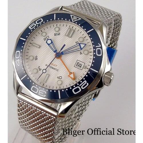 BLIGER White GMT 41mm Automatic Men Watch MINGZHU 3804 Movement Blue Ceramic Insert Mental Band Flat Sapphire Crystal