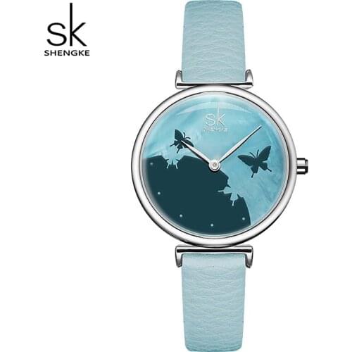 Shengke Fashion New Women Watch Light blue Dial Slim Leather Strap Quartz Wristwatches For Ultra Thin Case Zegarek Damski