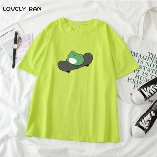 Frog On Skateboard Colorful Womens T-Shirt Big Printed Boyfriend Style Short Sleeve O-Neck Sweet Cute Tops Lovers Tees Summer