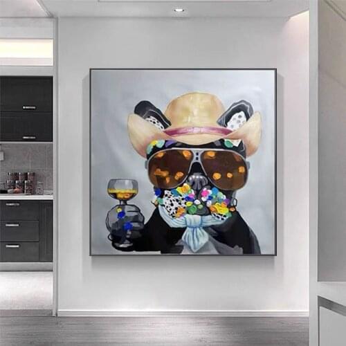 Home Decoration hand paintedOil Painting The Dog Is Holding A Wine Glass Wearing Sunglasses Paintings On Canvas Artwork Wall Art
