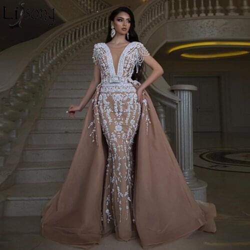 Elegant Overskirts Mermaid Prom Dresses 2020 Long Beading Appliques Evening Dress with Detachable Train Special Occasion Gowns