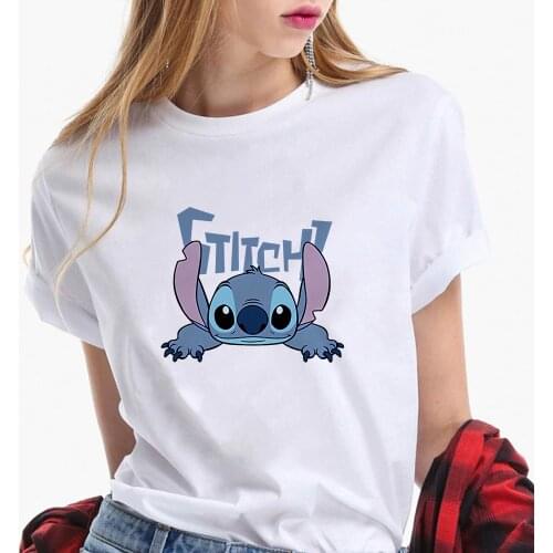New Disney T-shirt Cartoon Anime Stitch Women Short Summer Regular T Shirt O-Neck White Tops Tee Shirt Loose Top Dropship