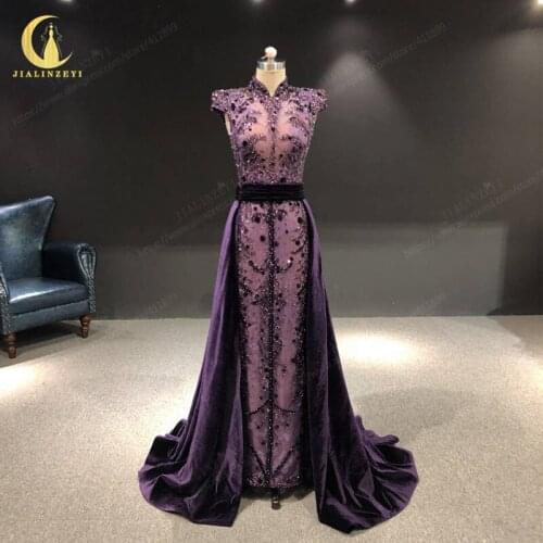 JIALINZEYI Rhine Purple High Neck Short Sleeves Beads Velevt Train Luxurious вечерние платья New Evening dress 2021