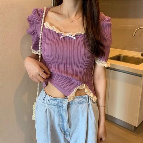 Fashion Korean Style Ruffled Lace Splicing Crop Top Women Short Knitted Woman Sweaters Split Purple Blue Red White Pullover