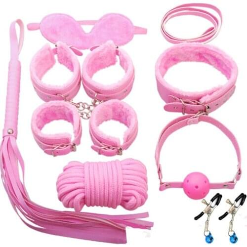 BDSM Kit Female Sex Toy Sexy Leather Handcuffs Nipple Clip Whipping Gag Plush Sex Bondage Suit Nylon Tie Rope Flirting Game 8pcs