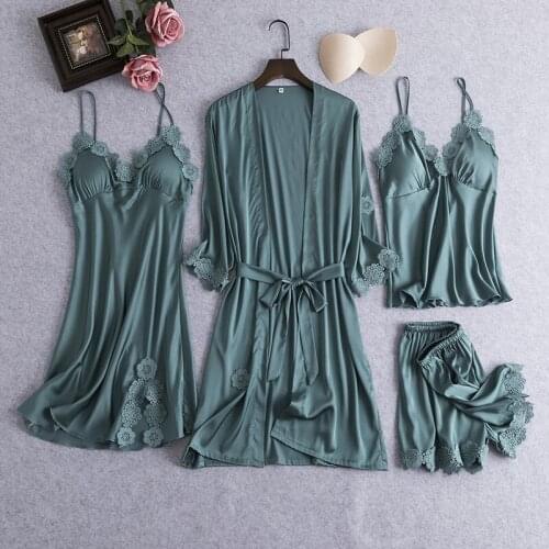 Nighties Gown Set Women 4PCS Nightshirts V-Neck Cami Pajamas Sleepwear Sleep Bathrobe Lady Wear Home Suit Nightgown Spring Robe