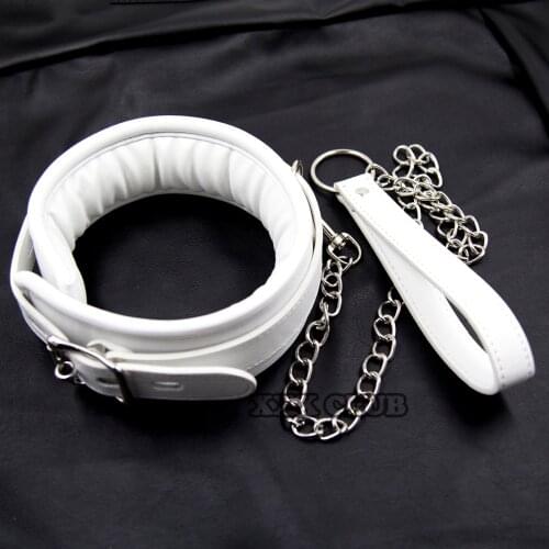 Puppy play fetish Bondage Restraint Neck Collars,white PU Soft Pad Neck Collar With Chain Leash Sex Toys For Bondage sex Game