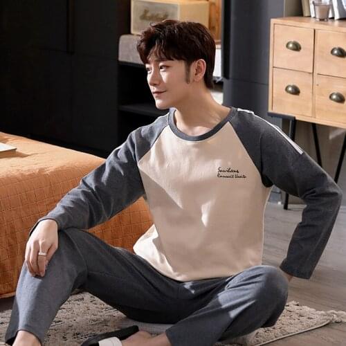 2020 Autumn Cotton Long Sleeve Pajama Sets for Men Korean Sleepwear Suit Pyjamas Male Loungewear Nightwear Homewear Home Clothes