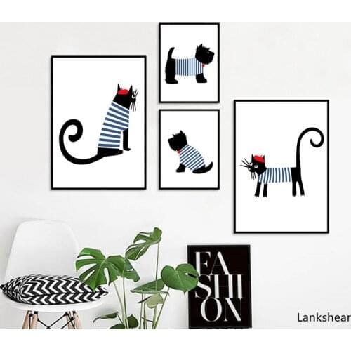 French Style Dog Art Print Poster Cute Cartoon Scottish Parisian Dachshund And Cat Prints Canvas Painting Poster Home Decor