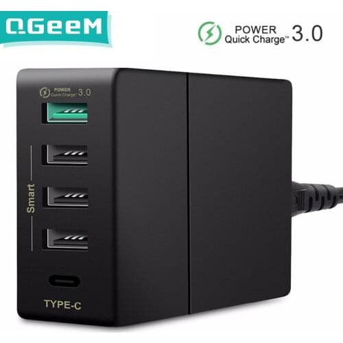 QGeeM USB Charger 5 Ports QC3.0 Type-C Quick Charger 5V2.4A 9V2A 12V1.5A US Plug Desktop USB Charger for Laptop Mobile Phone