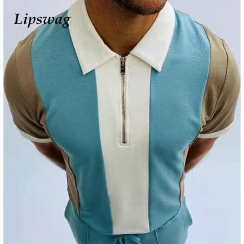 Vintage Patchwork Zip-Up Men Polo Shirts Casual Summer Short Sleeve Tops Pullover Fashion Harajuku Polo Shirt For Man Streetwear