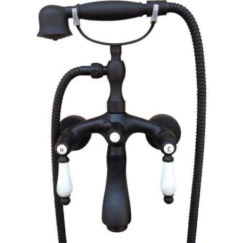 Bathroom Black Oil Rubbed Bronze Wall Mounted Clawfoot Tub Filler Faucet Handshower Double Ceramics Handles Mixer Tap atf573