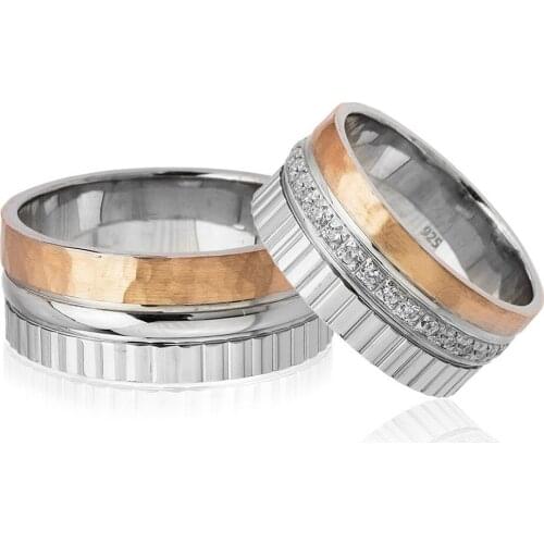 Tesbihane Three Stripe Design 925 Sterling Silver Couple Wedding Rings