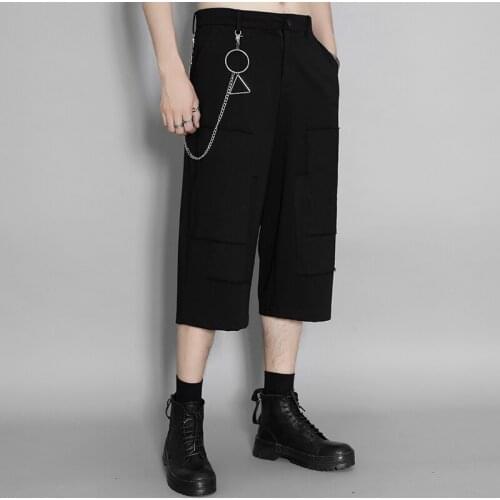 Hong Kong style dark patchwork chain pendant with seven-part wide leg trousers mens fashion casual trousers summer