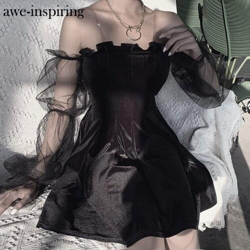 Awe-inspiring Goth Dark Mesh Vintage Gothic Dress Aesthetic Transpanent Strap Pleated Dress Chic Punk Hip Hop Grunge Mini Dress