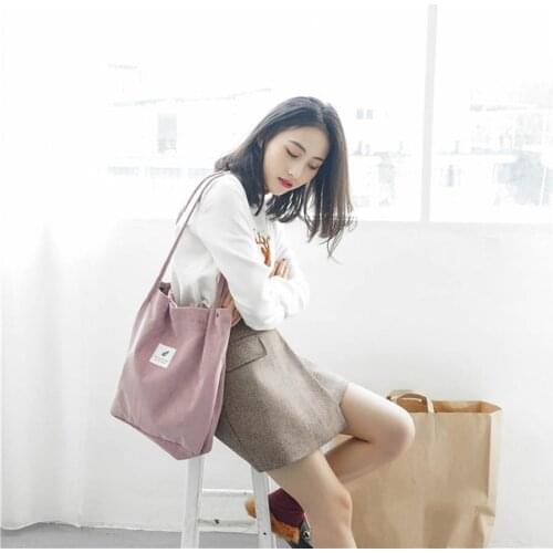 High Capacity Women Corduroy Tote Ladies Casual Solid Color Shoulder Bag Foldable Reusable Women Shopping Beach Bag
