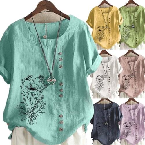 Womens Summer Round Neck Short Sleeve T-shirt Casual Cotton Linen Graphic Shirt Fashion Loose Printed Blouse Tops Plus Size