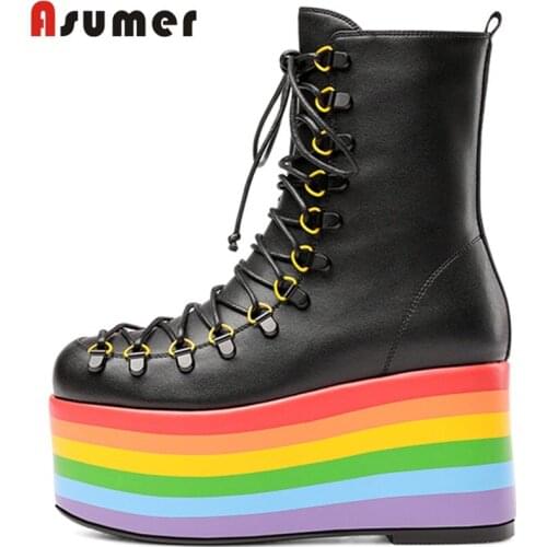 ASUMER 2022 New Arrival Punk Fashion Women Boots Thick Bottom Ankle Boots Lace Up Platform Boots Cow Genuine Leather Shoes