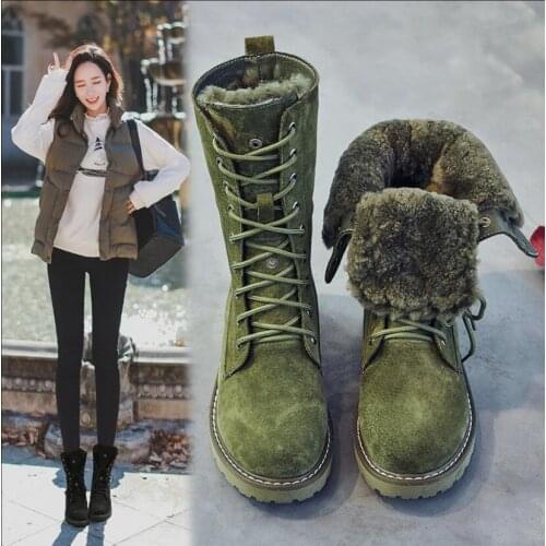 Womens Warm Boots 2020 Winter Genuine Leatherfur Snow Boots Women Middle Waterproof Plush Flat Bottom Cotton Shoes 41